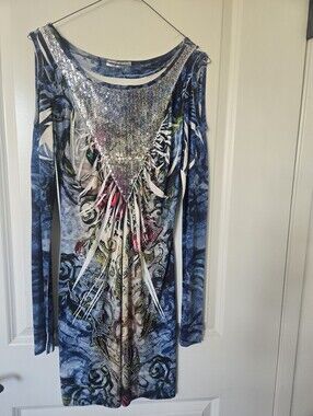Blue Long Sleeve Sequin Accent Dress